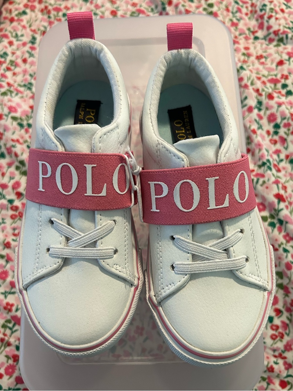 Polo by Ralph Lauren White & Pink Girls' Slip-On Sneakers